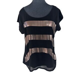 Express Black with Gold Sequin Striped Mixed Media Short Sleeve Top Size M